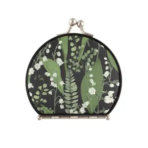 Green White Color Lily of the Valley with Ferns Leaves on Black Compact Mirror Portable Folding Travel Makeup Mirror 1X/2X Magnification for Travel Women Men Girls Lady Pocket Purse Handbag