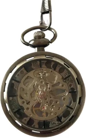 Grey Gear Cog Mechanical Hand Wind Pocket Watch, Matallic Grey