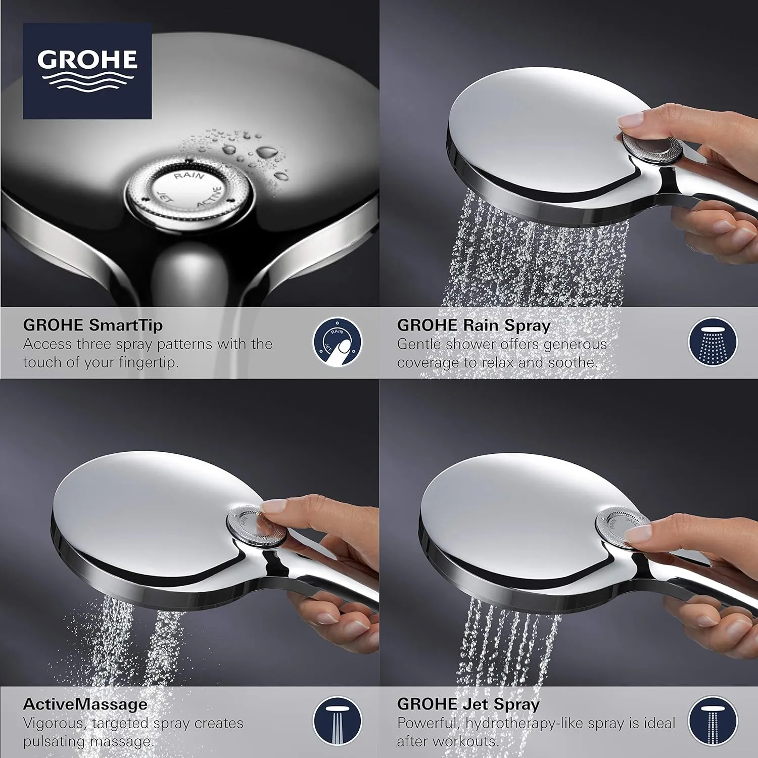 Grohe Rainshower SmartActive Hand Shower, 3 Sprays, 1.75 GPM, Brushed Cool Sunrise