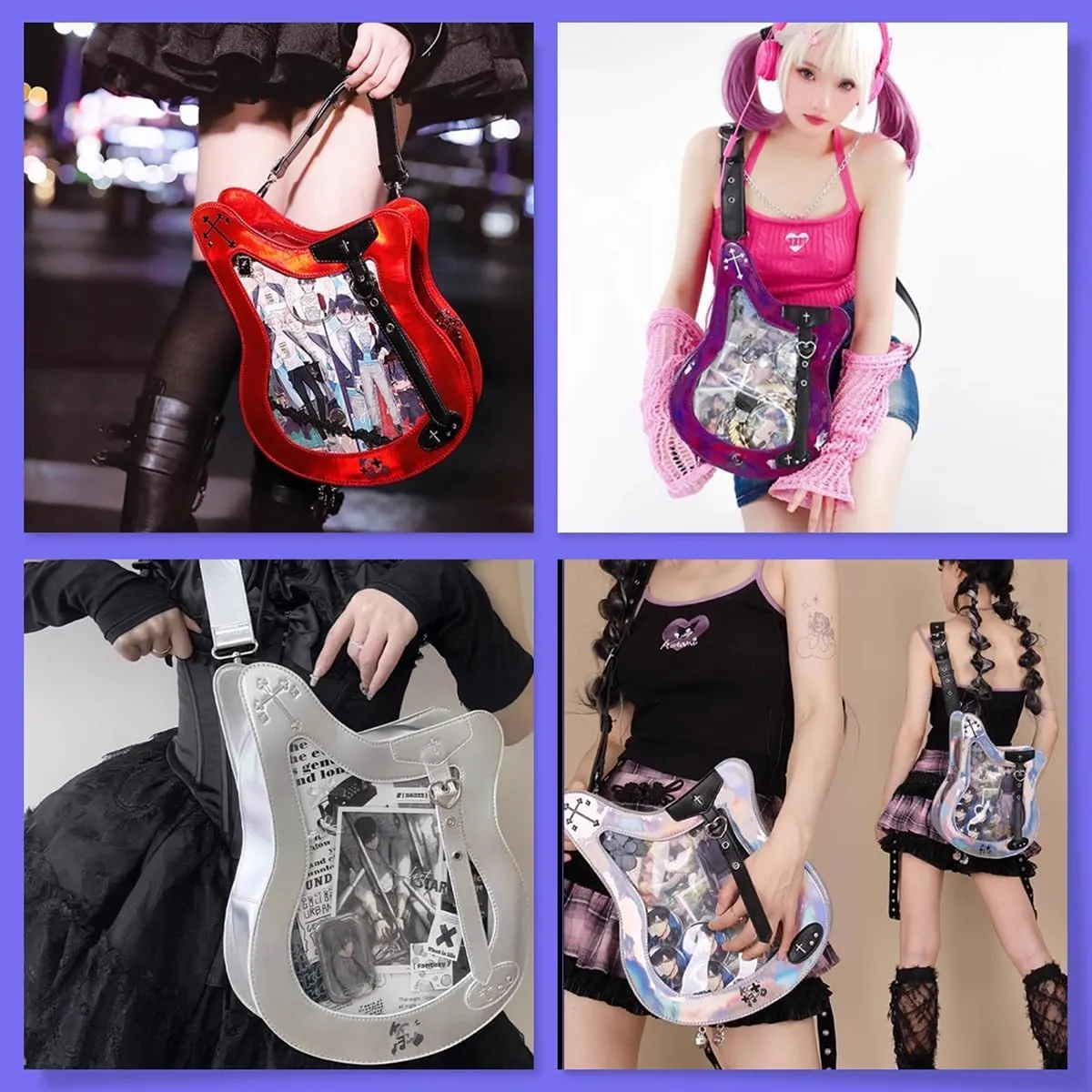 Guitar Ita Bag - Y2K Japanese Backpack for Unisex Women Men with Pin Display Insert Fluorescent Cosplay Purple