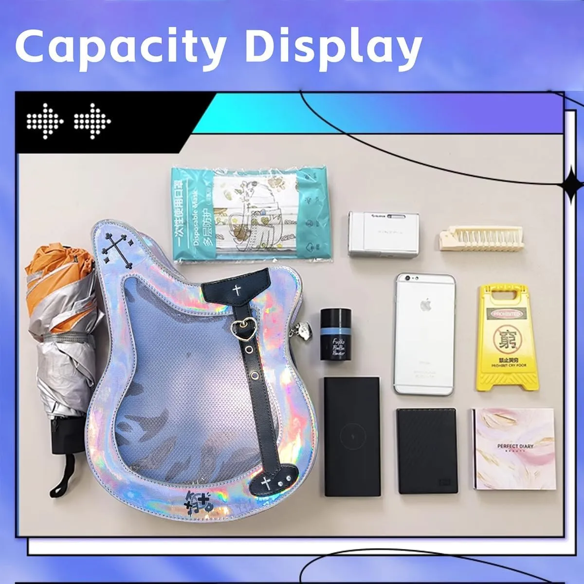 Guitar Ita Bag - Y2K Japanese Backpack for Unisex Women Men with Pin Display Insert Fluorescent Cosplay Purple