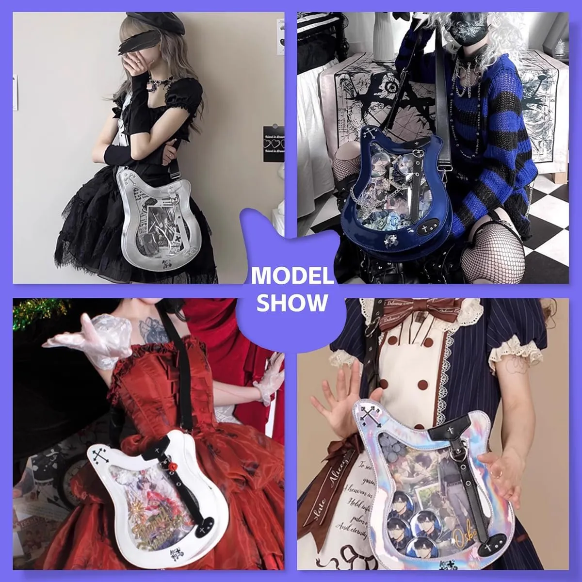 Guitar Ita Bag - Y2K Japanese Backpack for Unisex Women Men with Pin Display Insert Fluorescent Cosplay Purple