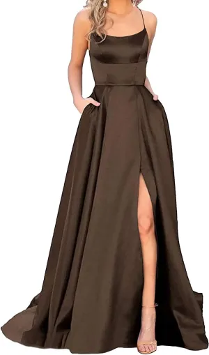 GUKARLEED Women's Satin Prom Dresses Long Formal Dress Evening Party Spaghetti Straps Backless Slit Ball Gown with Pockets