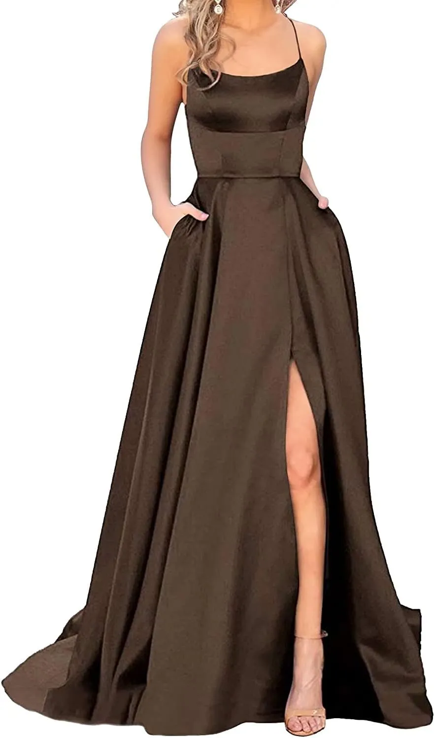 GUKARLEED Women's Satin Prom Dresses Long Formal Dress Evening Party Spaghetti Straps Backless Slit Ball Gown with Pockets