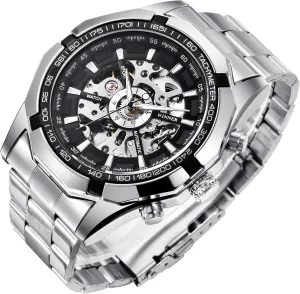 Gute Mens Watches, Mechanical Skeleton Stainless Steel Waterproof Automatic Self-Winding Watch for Men, Luxury X Dial Steampunk Wrist Watch