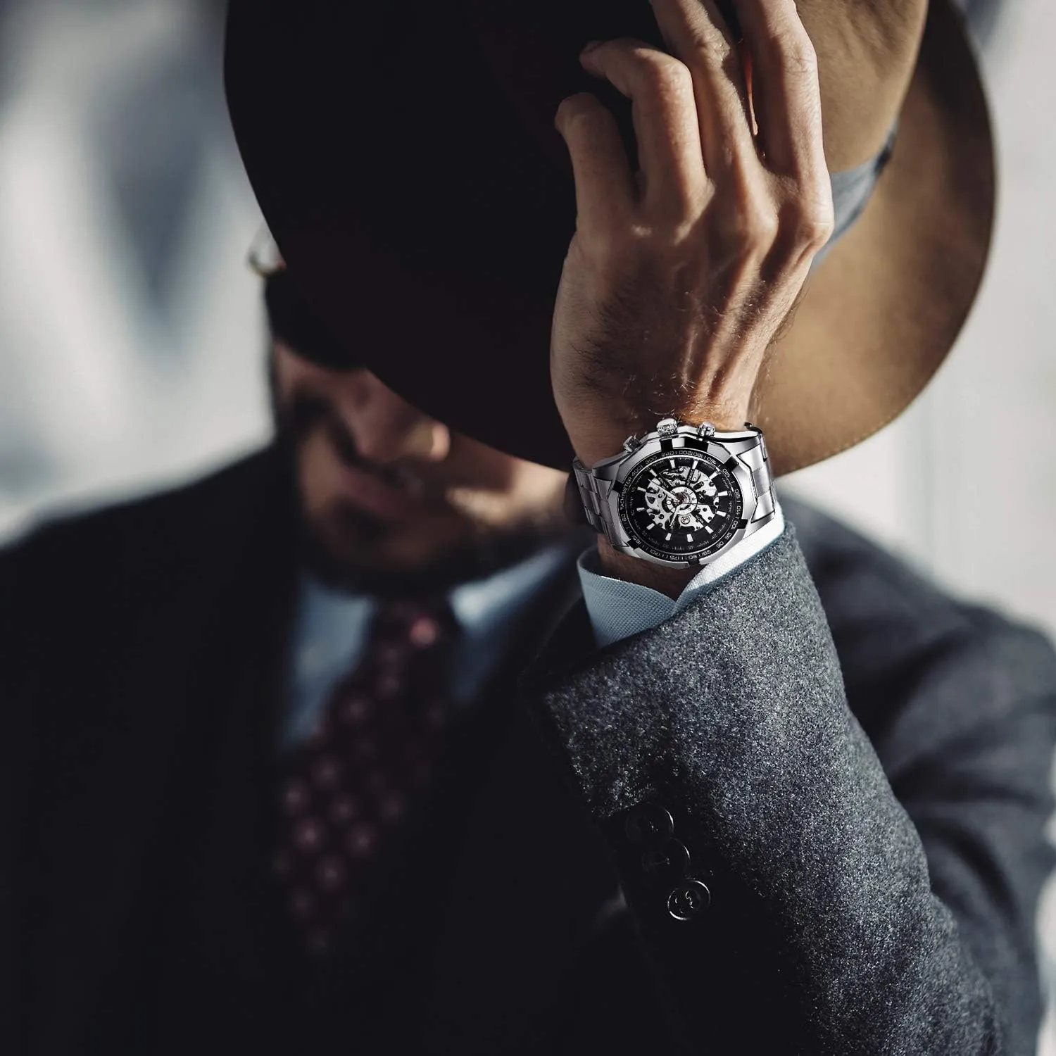Gute Mens Watches, Mechanical Skeleton Stainless Steel Waterproof Automatic Self-Winding Watch for Men, Luxury X Dial Steampunk Wrist Watch