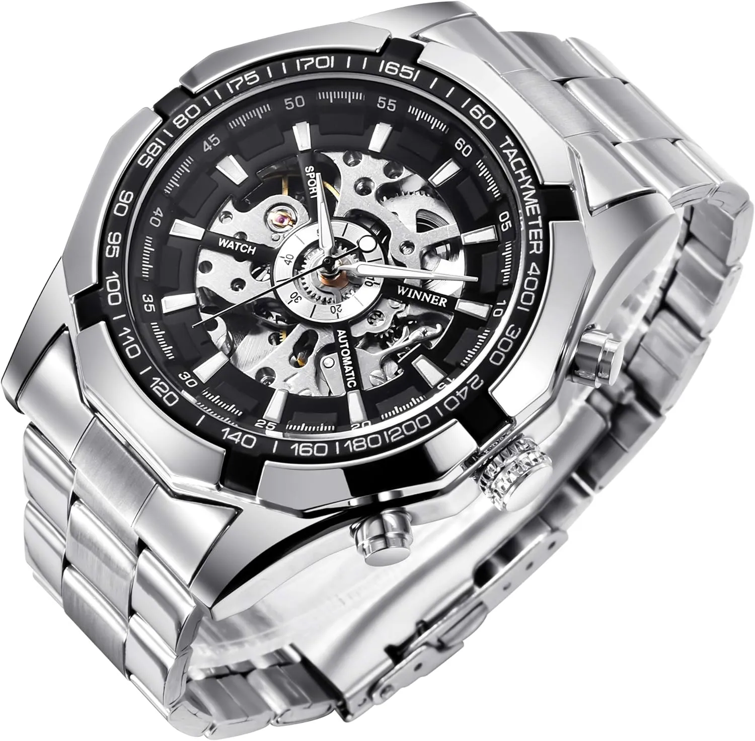 Gute Mens Watches, Mechanical Skeleton Stainless Steel Waterproof Automatic Self-Winding Watch for Men, Luxury X Dial Steampunk Wrist Watch