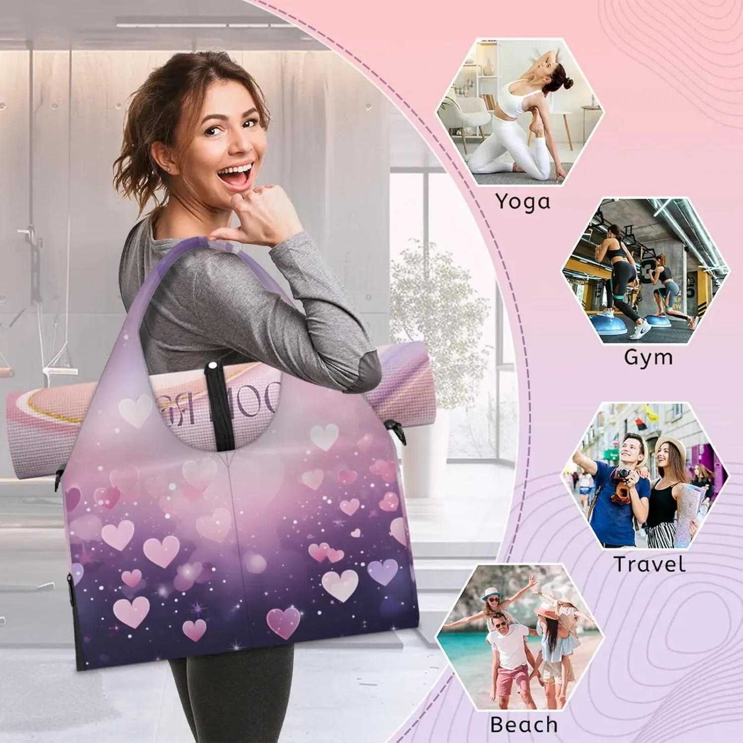 Gym Bag for Women Love Hearts Duffel Bag with Shoe Compartment and Yoga Mat Holder Portable Weekender Bags Travel Tote Bags