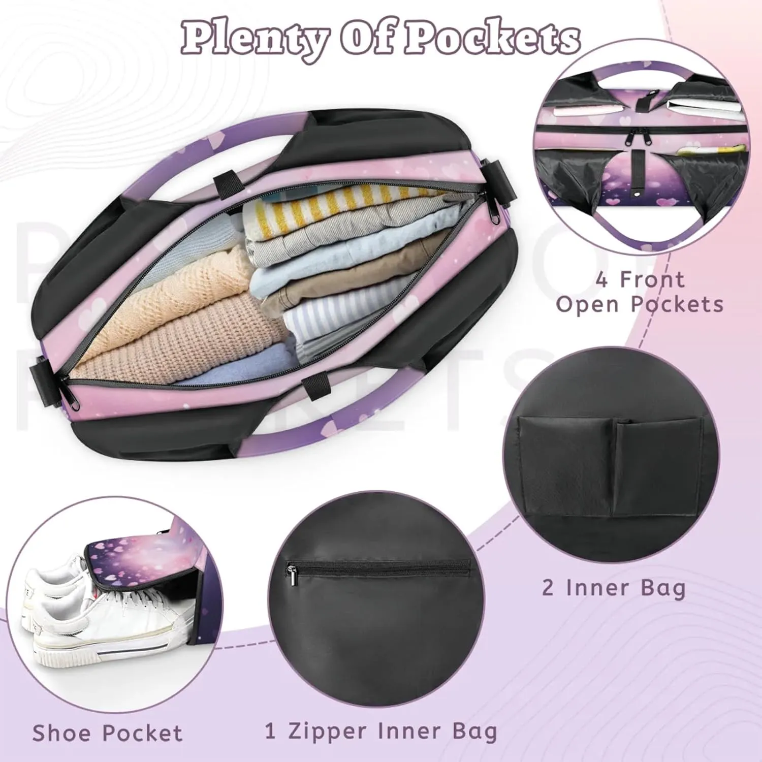 Gym Bag for Women Love Hearts Duffel Bag with Shoe Compartment and Yoga Mat Holder Portable Weekender Bags Travel Tote Bags