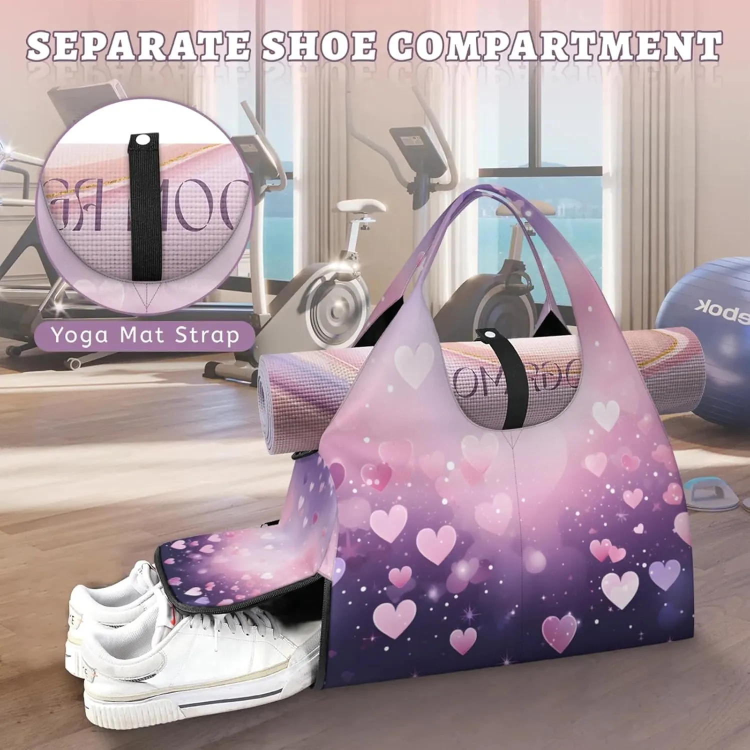 Gym Bag for Women Love Hearts Duffel Bag with Shoe Compartment and Yoga Mat Holder Portable Weekender Bags Travel Tote Bags