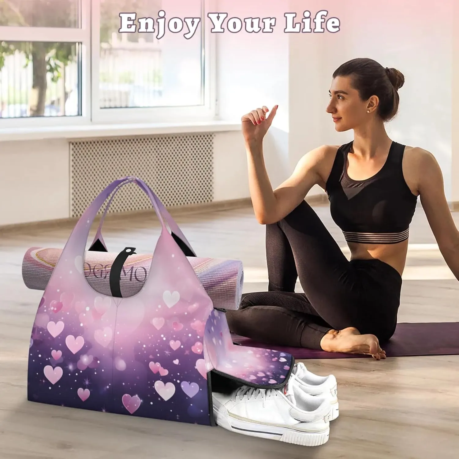 Gym Bag for Women Love Hearts Duffel Bag with Shoe Compartment and Yoga Mat Holder Portable Weekender Bags Travel Tote Bags