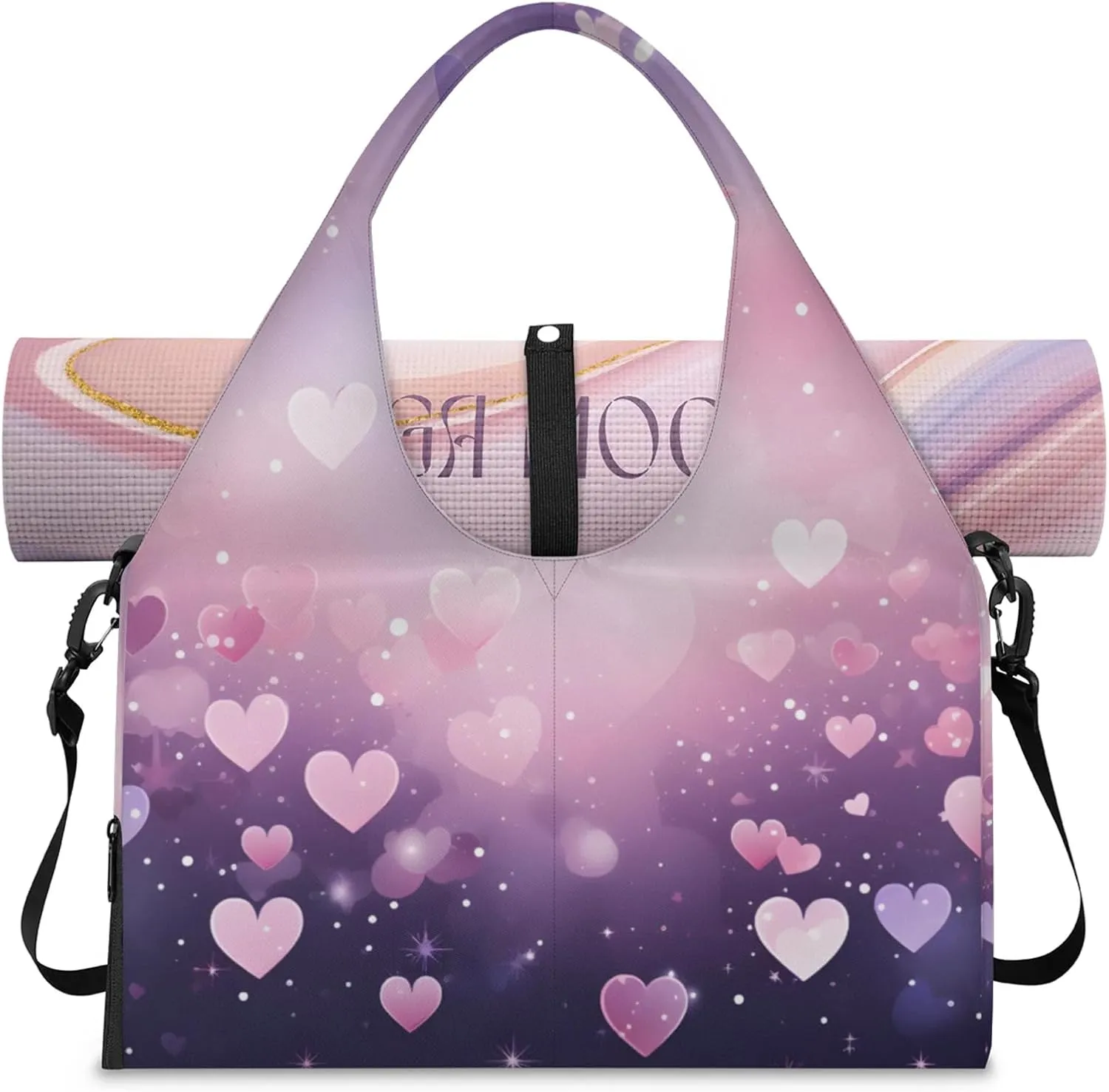 Gym Bag for Women Love Hearts Duffel Bag with Shoe Compartment and Yoga Mat Holder Portable Weekender Bags Travel Tote Bags
