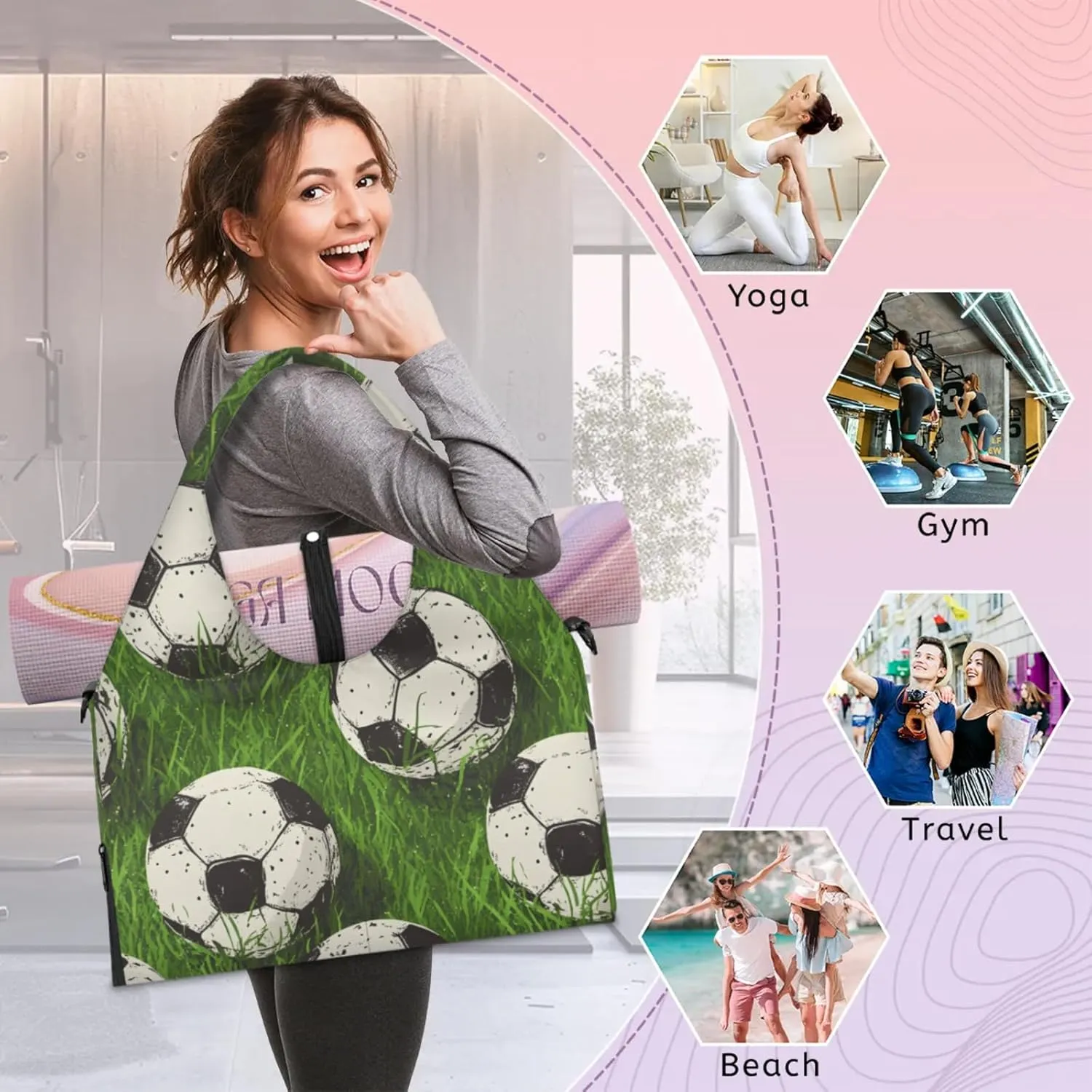 Gym Bag for Women Soccer Lawn Duffel Bag with Shoe Compartment and Yoga Mat Holder Portable Weekender Bags Travel Tote Bags