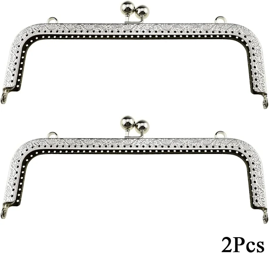 Hahiyo Purse Square Bag Kiss Clasp Frame Lock 20cm Diameter Rectangle Clutch Metal Vintage Latch Clip Smooth Open Close Sturdy No Scratch Loose Gap for DIY Crochet Fabric Coin Leather Bag 2pcs Silver