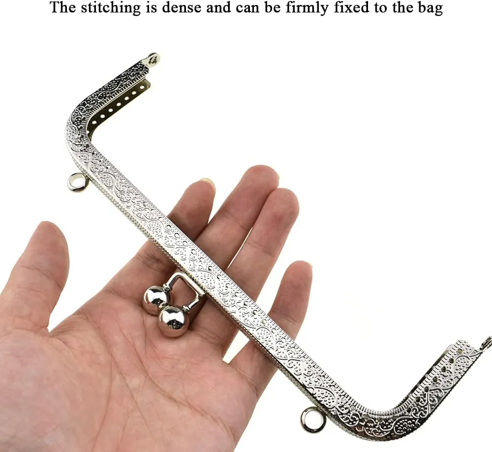 Hahiyo Purse Square Bag Kiss Clasp Frame Lock 20cm Diameter Rectangle Clutch Metal Vintage Latch Clip Smooth Open Close Sturdy No Scratch Loose Gap for DIY Crochet Fabric Coin Leather Bag 2pcs Silver