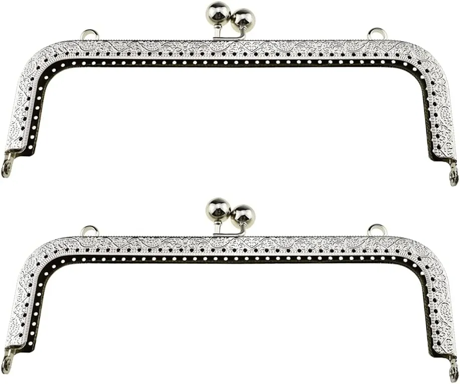 Hahiyo Purse Square Bag Kiss Clasp Frame Lock 20cm Diameter Rectangle Clutch Metal Vintage Latch Clip Smooth Open Close Sturdy No Scratch Loose Gap for DIY Crochet Fabric Coin Leather Bag 2pcs Silver