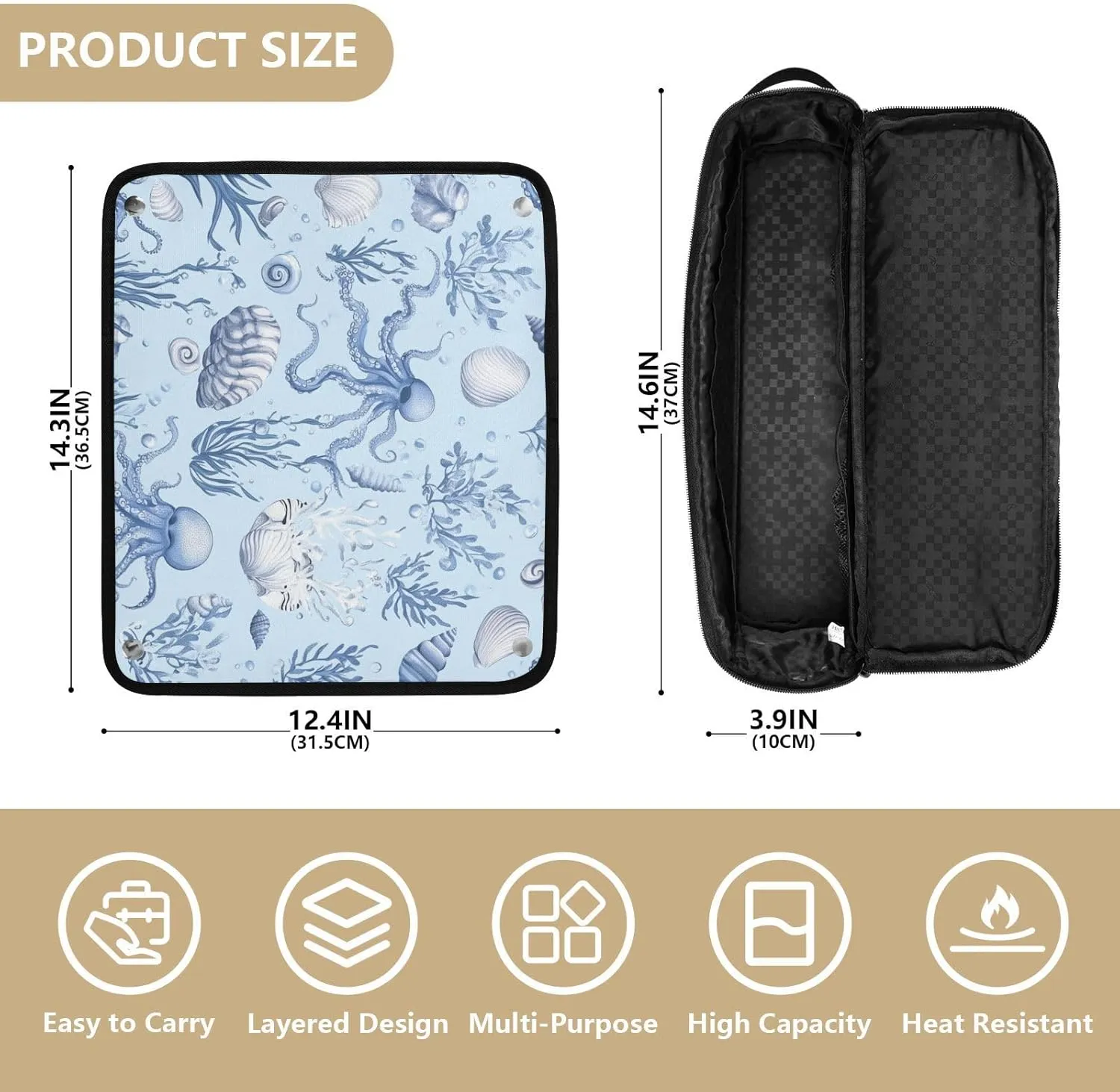 Hair Tools Travel Bag with Heat Resistant Mat Curling Iron Bag for Women Hair Tool Storage Case Straightener Flat Irons Hot Tools Travel Essentials Blue Octopus and Shell