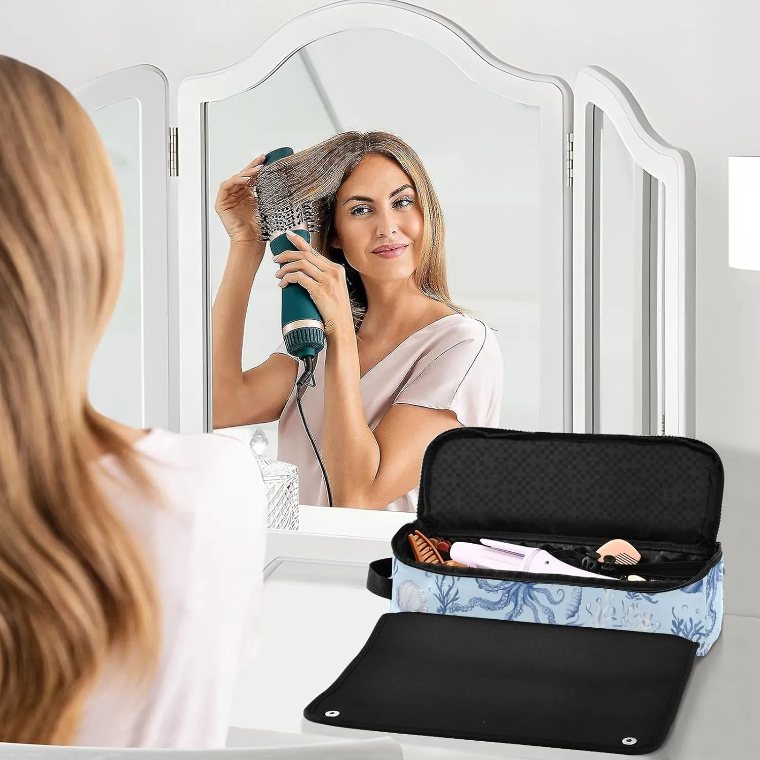 Hair Tools Travel Bag with Heat Resistant Mat Curling Iron Bag for Women Hair Tool Storage Case Straightener Flat Irons Hot Tools Travel Essentials Blue Octopus and Shell