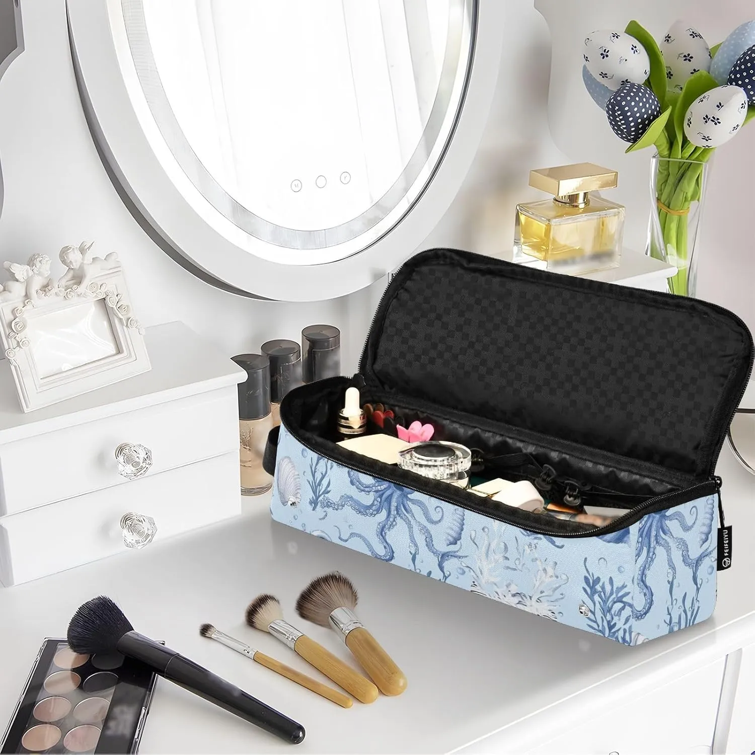 Hair Tools Travel Bag with Heat Resistant Mat Curling Iron Bag for Women Hair Tool Storage Case Straightener Flat Irons Hot Tools Travel Essentials Blue Octopus and Shell