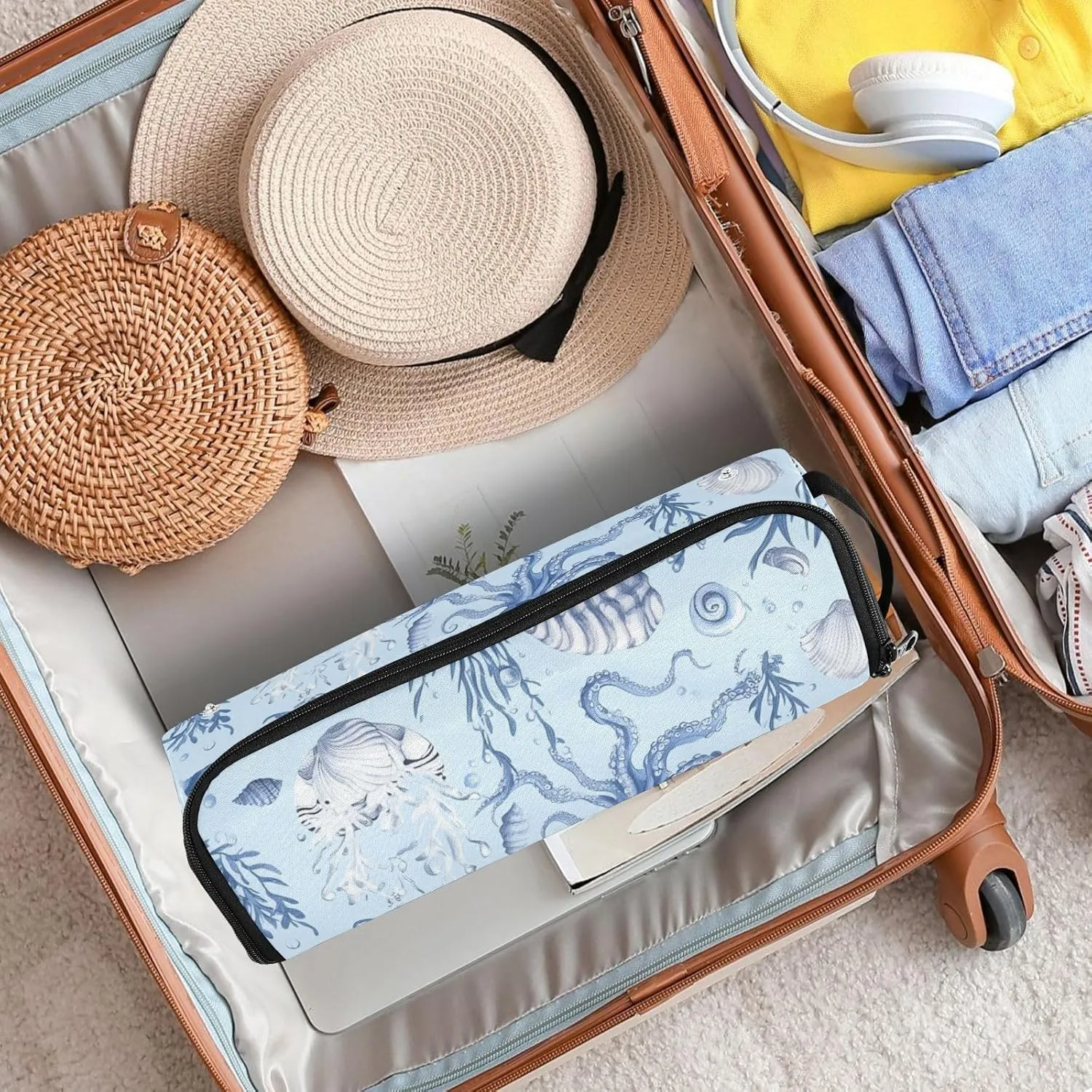 Hair Tools Travel Bag with Heat Resistant Mat Curling Iron Bag for Women Hair Tool Storage Case Straightener Flat Irons Hot Tools Travel Essentials Blue Octopus and Shell