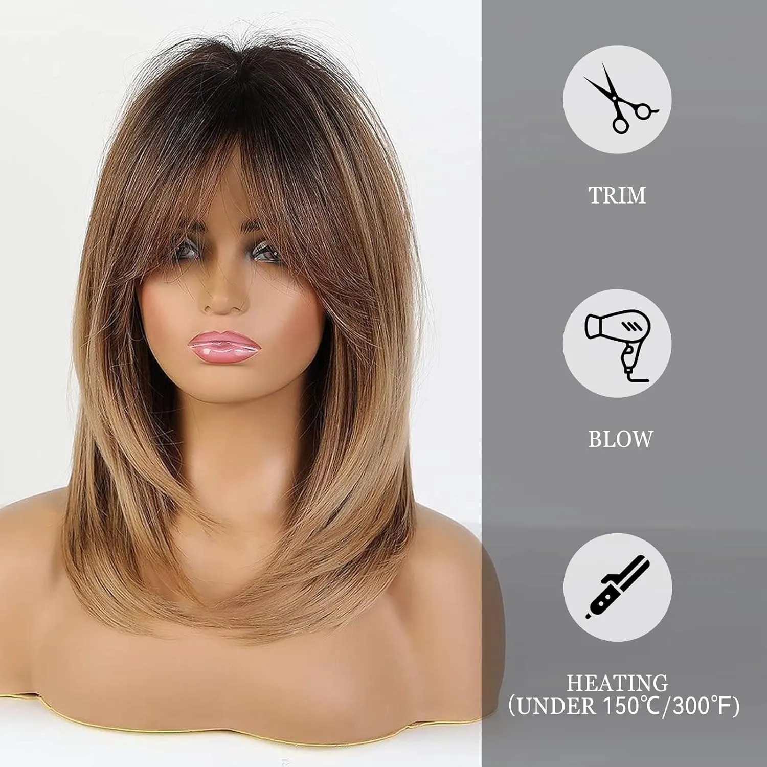 HAIRCUBE Ombre Brown Wigs for Women Shoulder Length Wigs Charming Long Curly Wigs with Bangs Daily Use