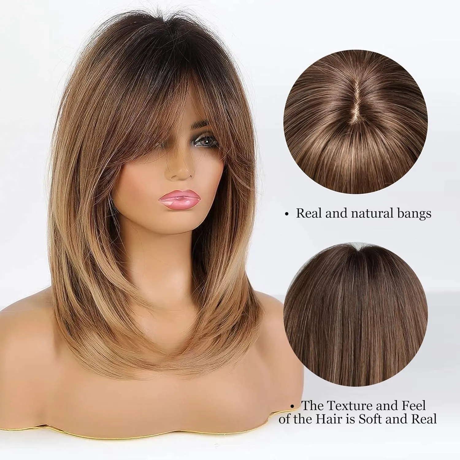 HAIRCUBE Ombre Brown Wigs for Women Shoulder Length Wigs Charming Long Curly Wigs with Bangs Daily Use