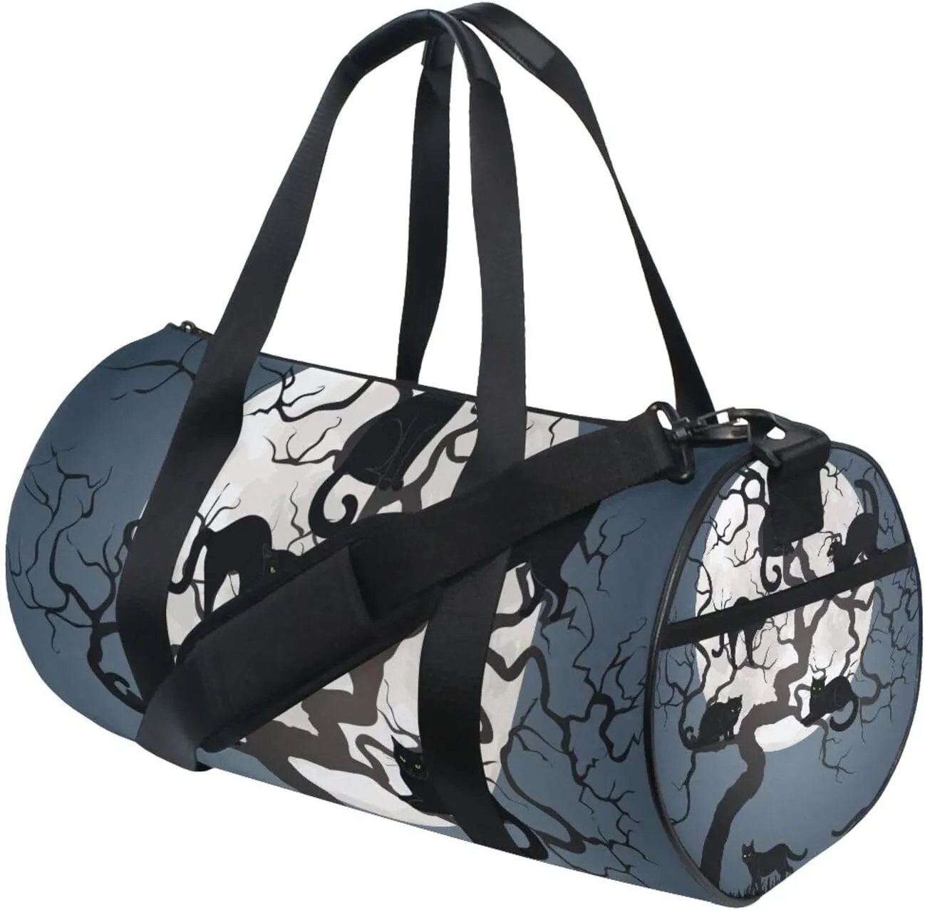 Halloween Black Cats on Tree in Night with White Full moon Portable Gym Bag, Travel Bag, Luggage bag, Sports Bag, Toiletry Bag with Handles, Detachable Shoulder Strap 17.6 x 9 x 9 inch