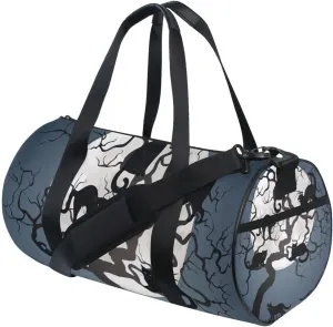 Halloween Black Cats on Tree in Night with White Full moon Portable Gym Bag, Travel Bag, Luggage bag, Sports Bag, Toiletry Bag with Handles, Detachable Shoulder Strap 17.6 x 9 x 9 inch