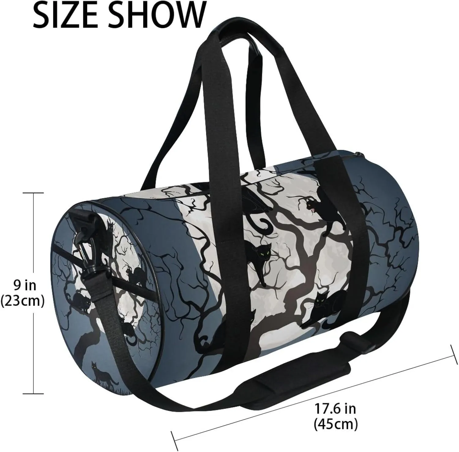 Halloween Black Cats on Tree in Night with White Full moon Portable Gym Bag, Travel Bag, Luggage bag, Sports Bag, Toiletry Bag with Handles, Detachable Shoulder Strap 17.6 x 9 x 9 inch
