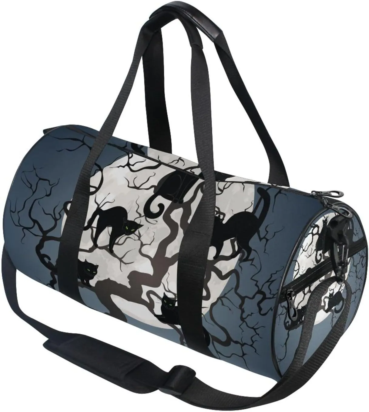 Halloween Black Cats on Tree in Night with White Full moon Portable Gym Bag, Travel Bag, Luggage bag, Sports Bag, Toiletry Bag with Handles, Detachable Shoulder Strap 17.6 x 9 x 9 inch