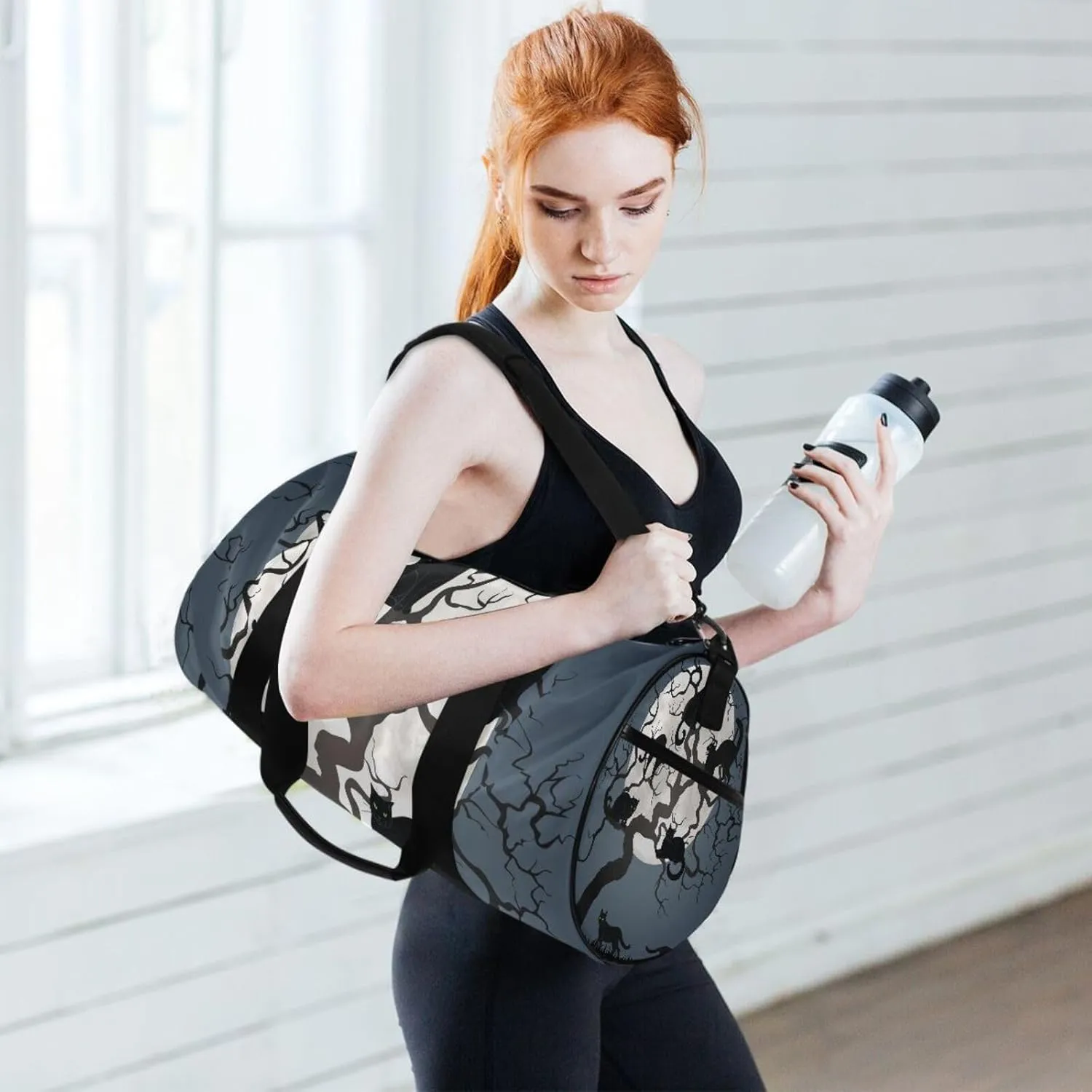 Halloween Black Cats on Tree in Night with White Full moon Portable Gym Bag, Travel Bag, Luggage bag, Sports Bag, Toiletry Bag with Handles, Detachable Shoulder Strap 17.6 x 9 x 9 inch