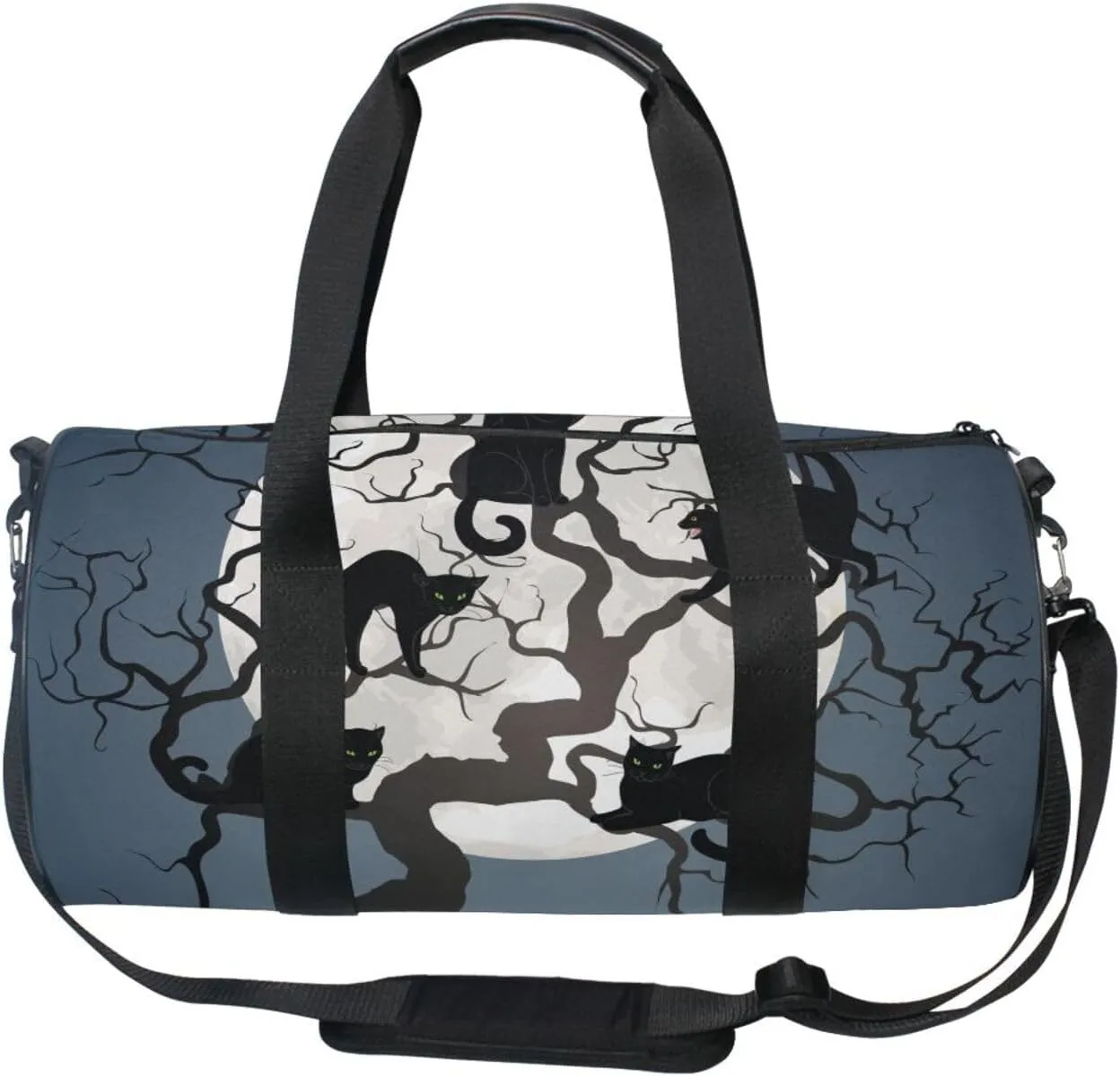 Halloween Black Cats on Tree in Night with White Full moon Portable Gym Bag, Travel Bag, Luggage bag, Sports Bag, Toiletry Bag with Handles, Detachable Shoulder Strap 17.6 x 9 x 9 inch
