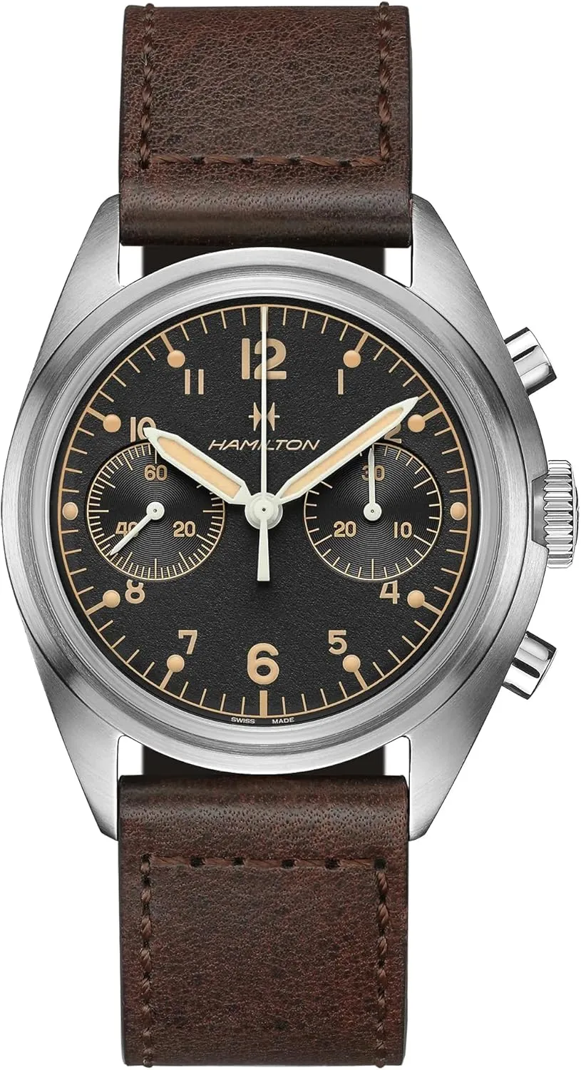 Hamilton Watch Khaki Aviation Pilot Pioneer Mechanical Chrono | Swiss Made | 40mm Stainless Steel Case | Black Dial Analog Watch | Brown Leather Strap (Model: H76409530)
