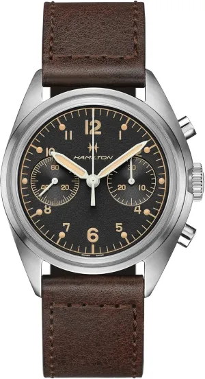Hamilton Watch Khaki Aviation Pilot Pioneer Mechanical Chrono | Swiss Made | 40mm Stainless Steel Case | Black Dial Analog Watch | Brown Leather Strap (Model: H76409530)