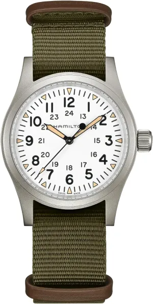 Hamilton Watch Khaki Field Mechanical 38mm | Swiss Made | 38mm Stainless Steel Case | White Dial Analog Watch | Green Textile NATO Strap (Model: H69439411)