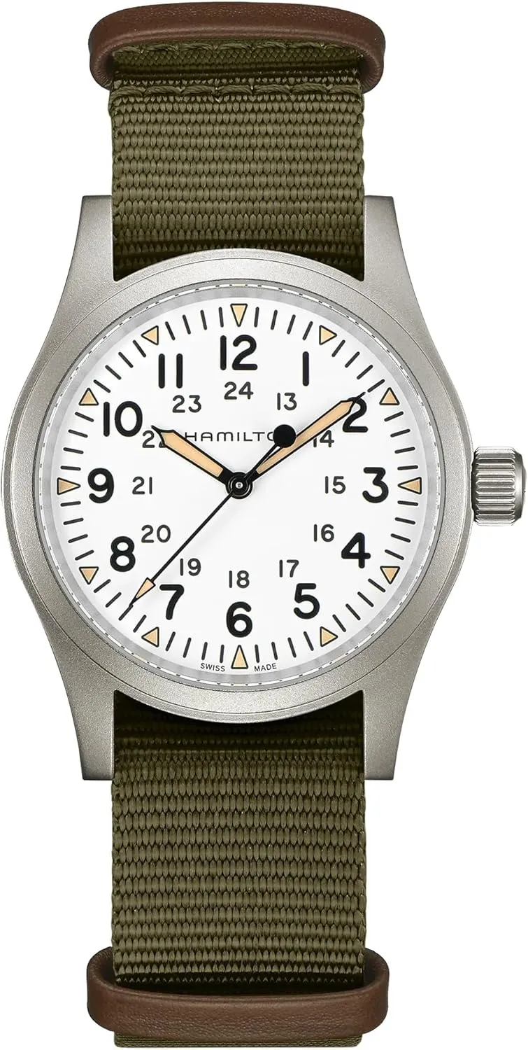 Hamilton Watch Khaki Field Mechanical 38mm | Swiss Made | 38mm Stainless Steel Case | White Dial Analog Watch | Green Textile NATO Strap (Model: H69439411)