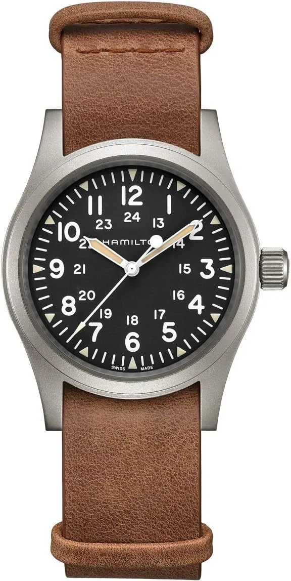 Hamilton Watch Khaki Field Mechanical | Swiss Made | 38mm Stainless Steel Case | Black Dial Analog Watch | Brown Leather NATO Strap (Model: H69439531)