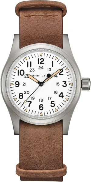 Hamilton Watch Khaki Field Mechanical | Swiss Made | 38mm Stainless Steel Case | White Dial Analog Watch | Brown Leather NATO Strap (Model: H69439511)