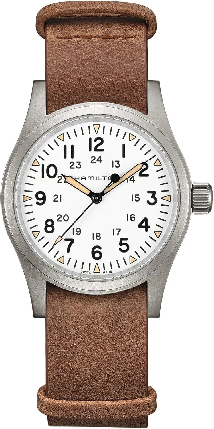 Hamilton Watch Khaki Field Mechanical | Swiss Made | 38mm Stainless Steel Case | White Dial Analog Watch | Brown Leather NATO Strap (Model: H69439511)