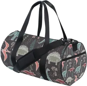 Hand Drawn Seamless Vintage Dinosaurs and Fern Leaves Biloba Portable Gym Bag, Travel Bag, Luggage bag, Sports Bag, Toiletry Bag with Handles, Detachable Shoulder Strap 17.6 x 9 x 9 inch