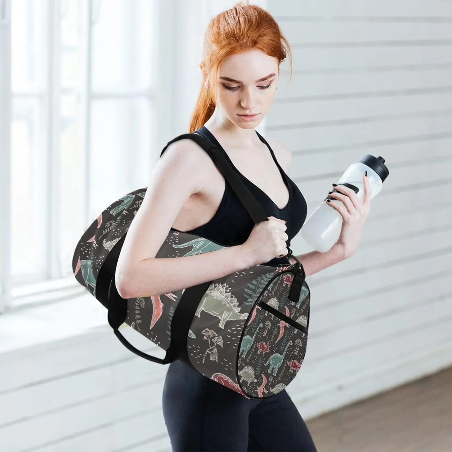Hand Drawn Seamless Vintage Dinosaurs and Fern Leaves Biloba Portable Gym Bag, Travel Bag, Luggage bag, Sports Bag, Toiletry Bag with Handles, Detachable Shoulder Strap 17.6 x 9 x 9 inch