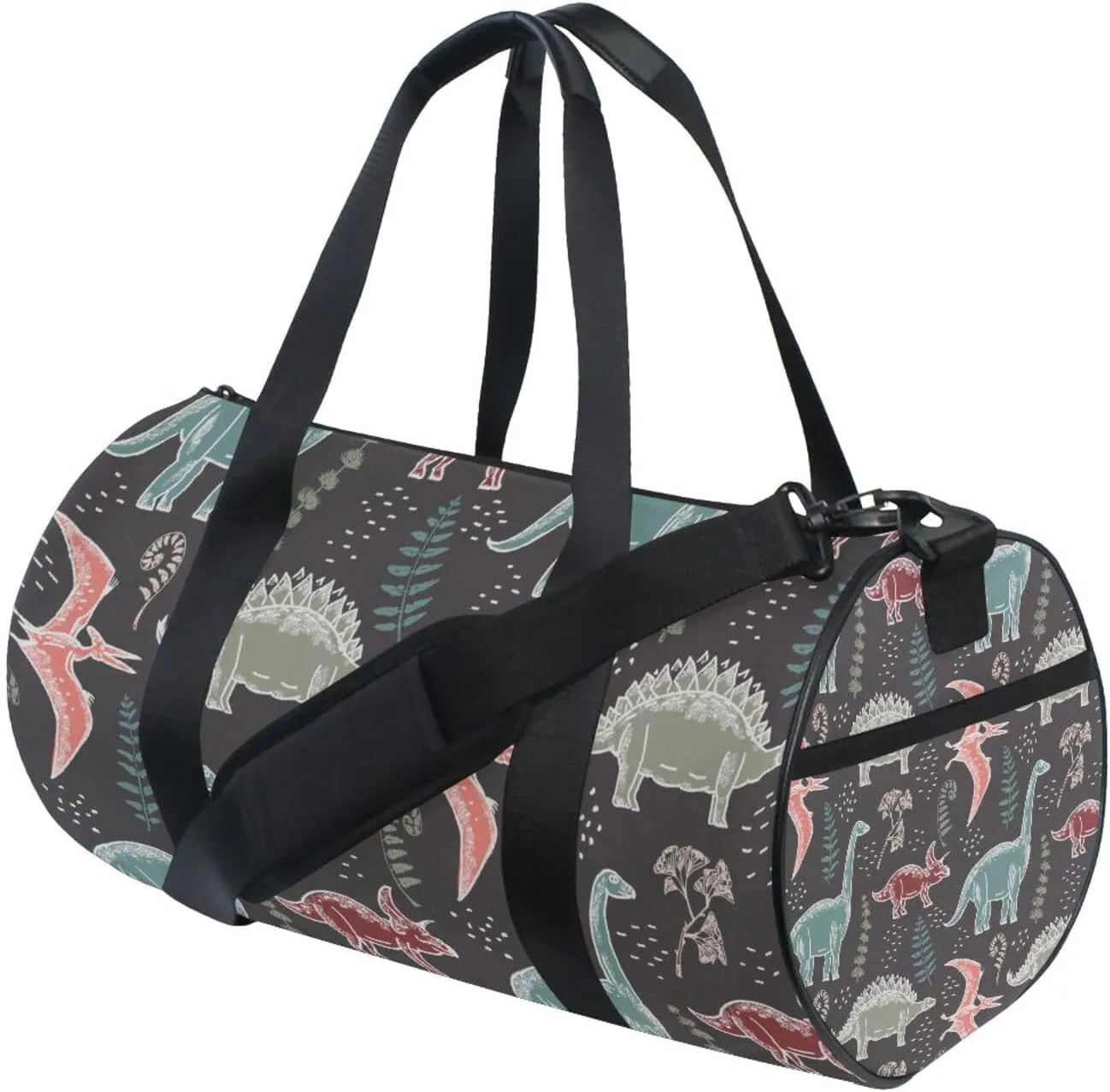 Hand Drawn Seamless Vintage Dinosaurs and Fern Leaves Biloba Portable Gym Bag, Travel Bag, Luggage bag, Sports Bag, Toiletry Bag with Handles, Detachable Shoulder Strap 17.6 x 9 x 9 inch