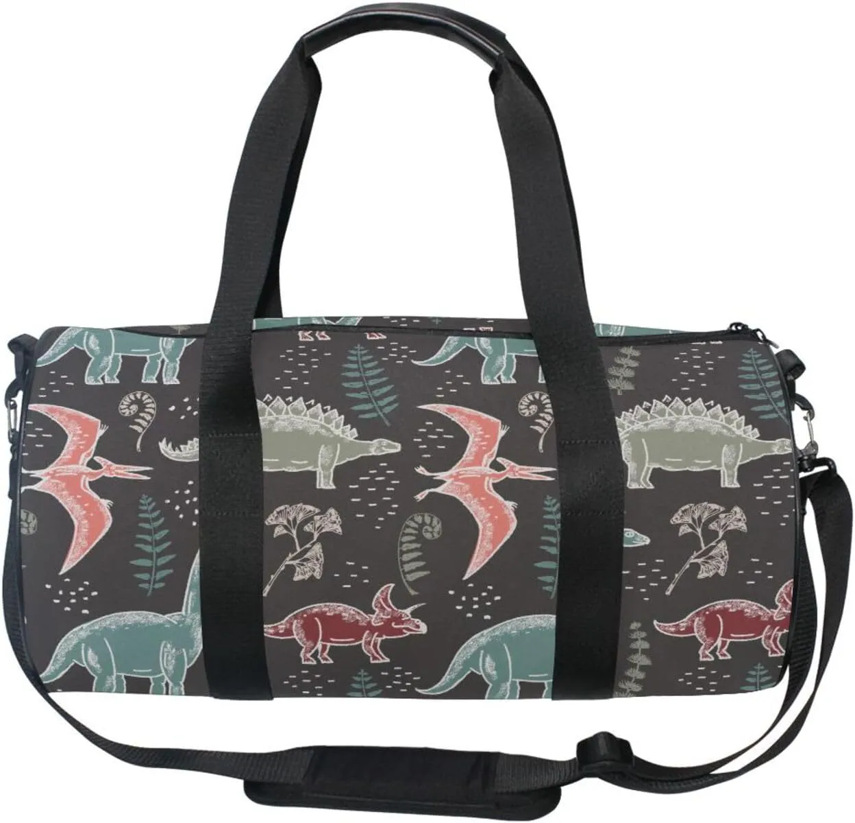 Hand Drawn Seamless Vintage Dinosaurs and Fern Leaves Biloba Portable Gym Bag, Travel Bag, Luggage bag, Sports Bag, Toiletry Bag with Handles, Detachable Shoulder Strap 17.6 x 9 x 9 inch