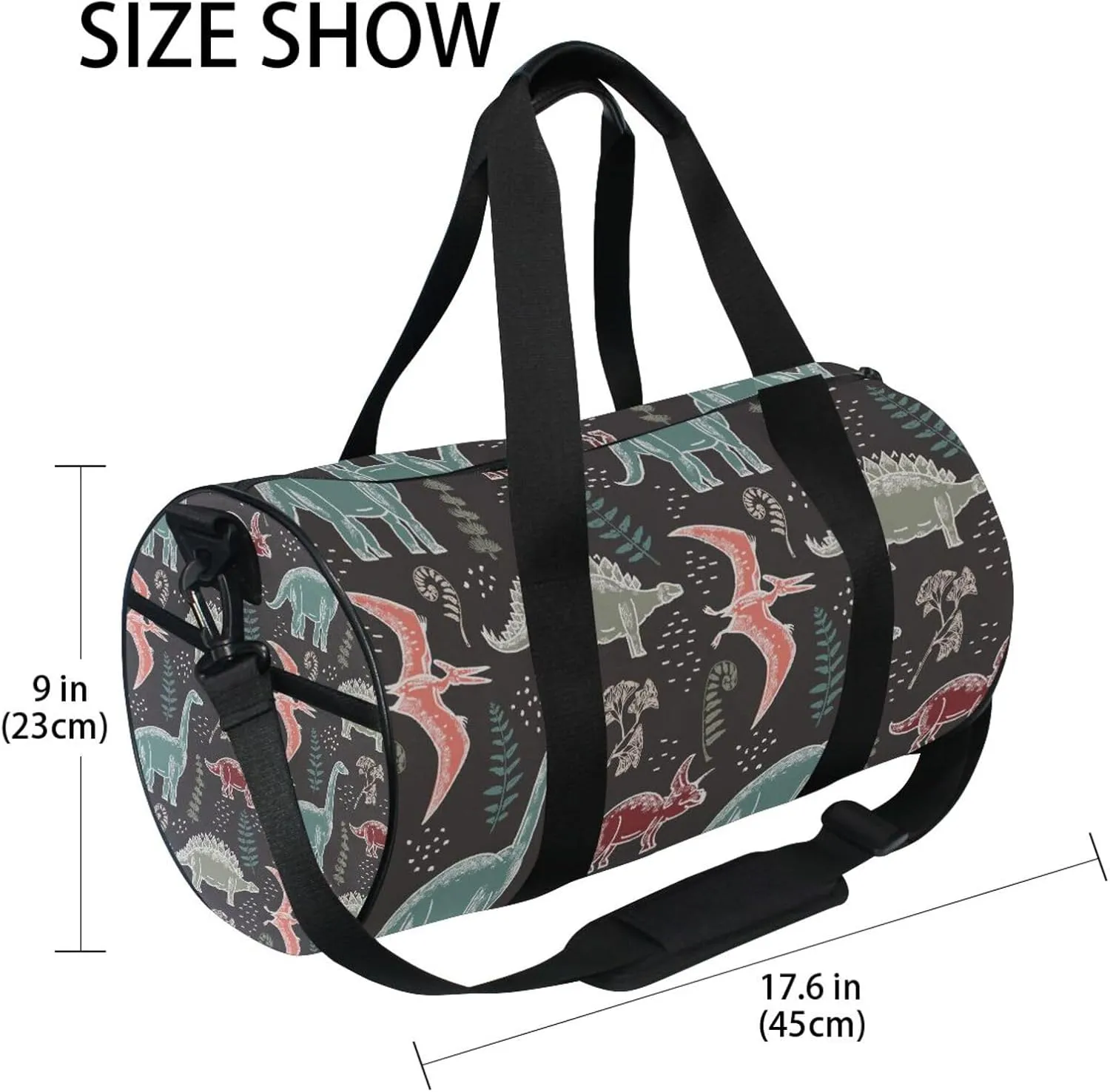 Hand Drawn Seamless Vintage Dinosaurs and Fern Leaves Biloba Portable Gym Bag, Travel Bag, Luggage bag, Sports Bag, Toiletry Bag with Handles, Detachable Shoulder Strap 17.6 x 9 x 9 inch