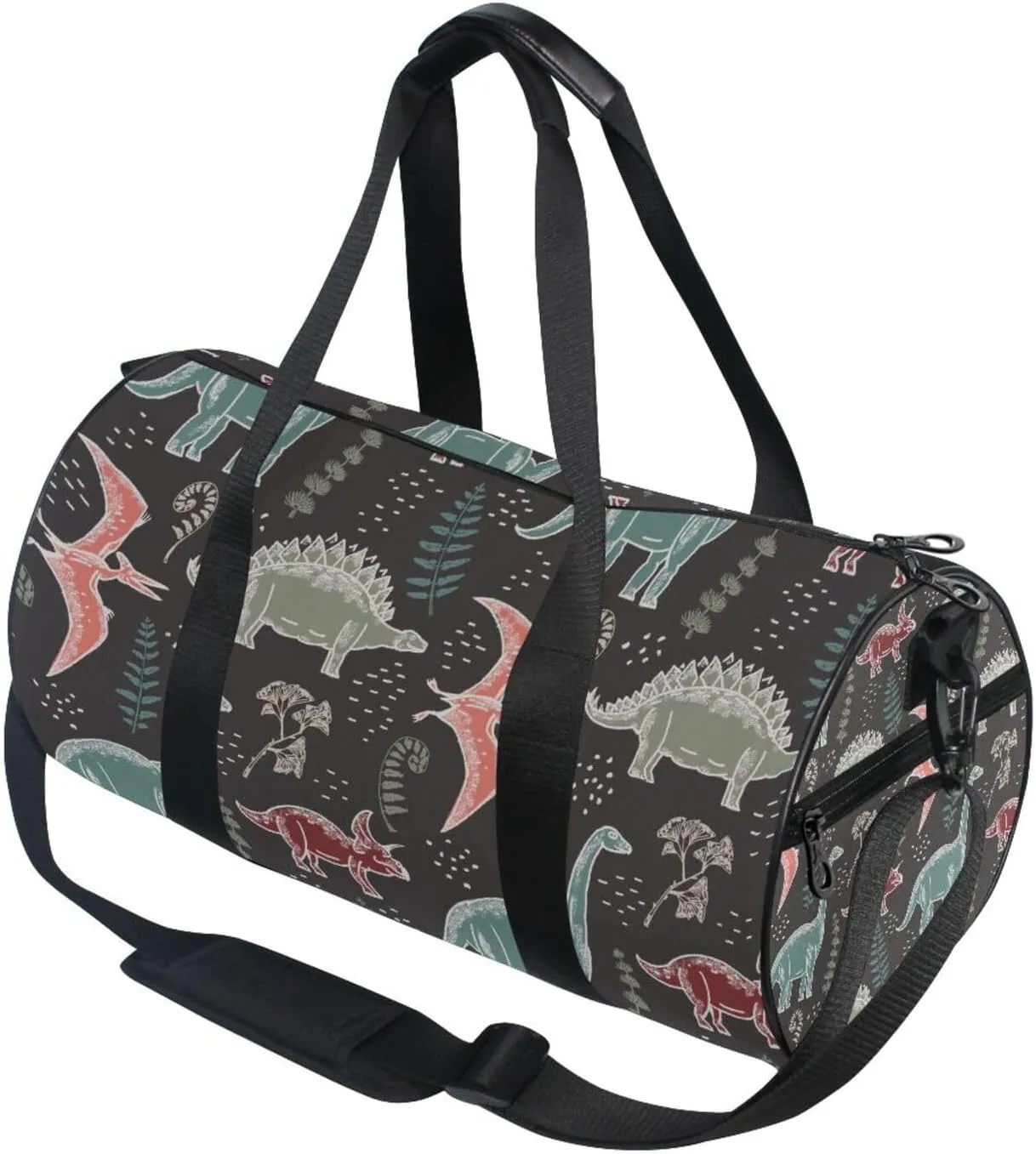 Hand Drawn Seamless Vintage Dinosaurs and Fern Leaves Biloba Portable Gym Bag, Travel Bag, Luggage bag, Sports Bag, Toiletry Bag with Handles, Detachable Shoulder Strap 17.6 x 9 x 9 inch