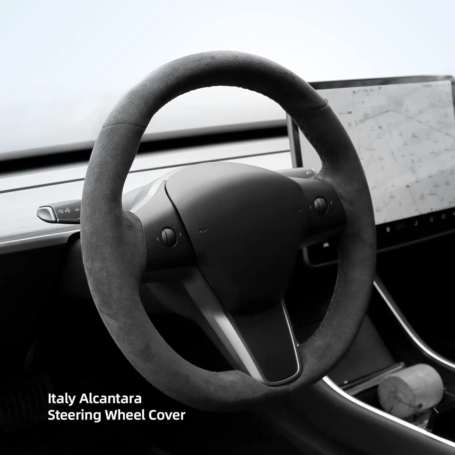 Hand Stitch Sewing Italy Alcantara Car Steering Wheel Cover Wrap for Tesla Model 3/Tesla Model Y (Black Alcantara No Stripes)