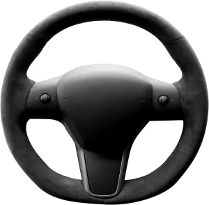 Hand Stitch Sewing Italy Alcantara Car Steering Wheel Cover Wrap for Tesla Model 3/Tesla Model Y (Black Alcantara No Stripes)