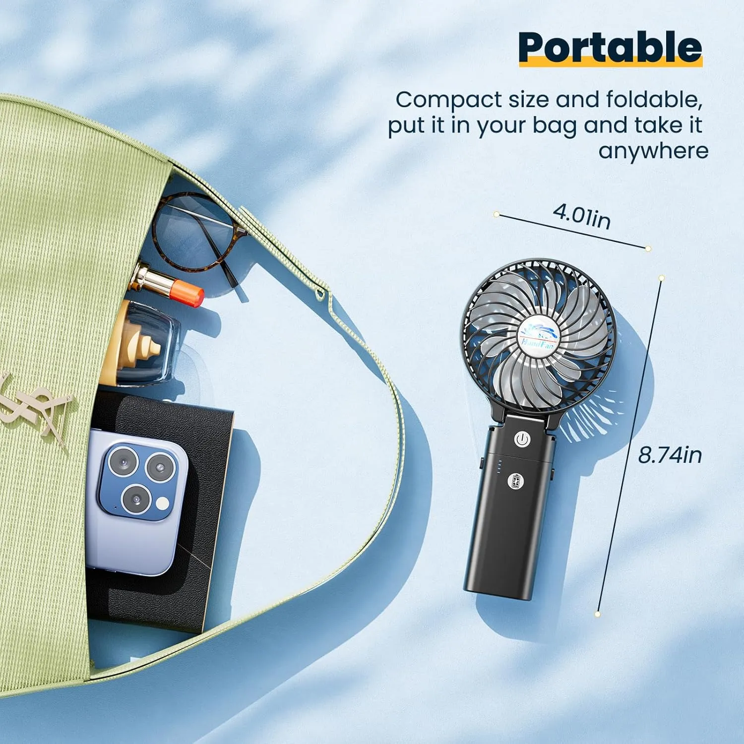 HandFan 5200mAh Portable Handheld Fan, Personal Hand Held Fan USB Rechargeable, 180° Foldable Portable & Detachable Handle Design,3 Speeds Strong Airflow Cooling for Travel/Outdoors/Indoors (Black)