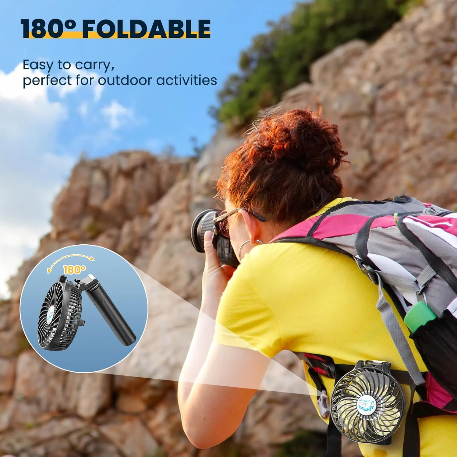 HandFan 5200mAh Portable Handheld Fan, Personal Hand Held Fan USB Rechargeable, 180° Foldable Portable & Detachable Handle Design,3 Speeds Strong Airflow Cooling for Travel/Outdoors/Indoors (Black)
