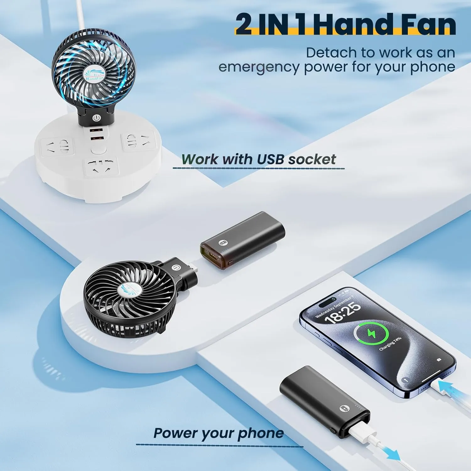 HandFan 5200mAh Portable Handheld Fan, Personal Hand Held Fan USB Rechargeable, 180° Foldable Portable & Detachable Handle Design,3 Speeds Strong Airflow Cooling for Travel/Outdoors/Indoors (Black)